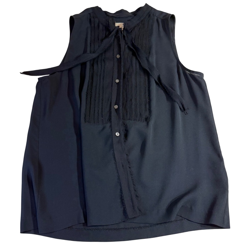 J.Crew Silk Blouse 12 Black Pintuck Pleated Tie Neck Sleeveless